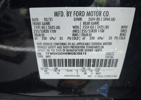 2021 Ford Explorer Xlt z USA, uszkodzony, nr VIN 1FMSK8DH6MGB38815